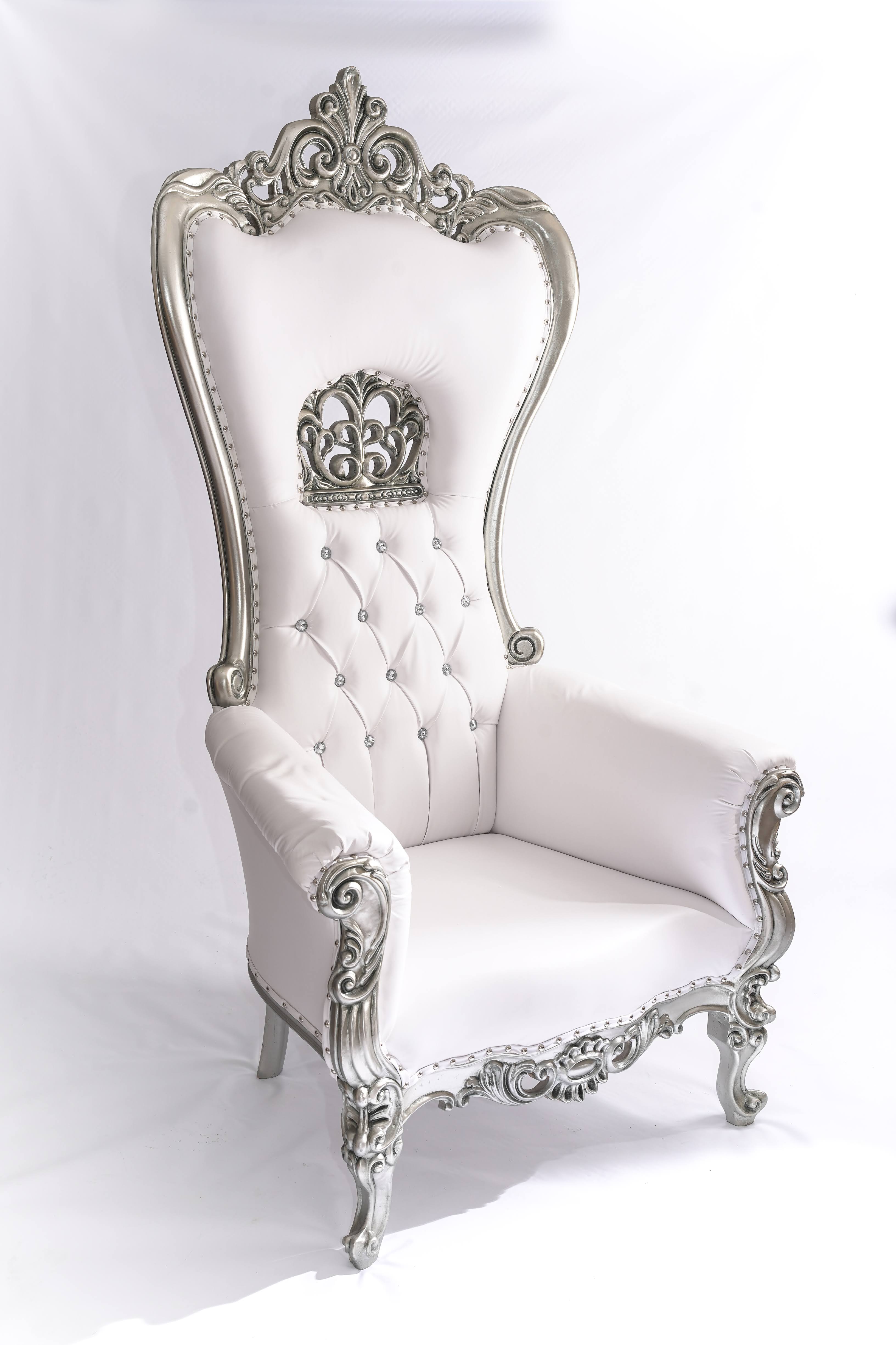 Queen Crown Jewel Throne Chair - Silver-White with Crest Emblem